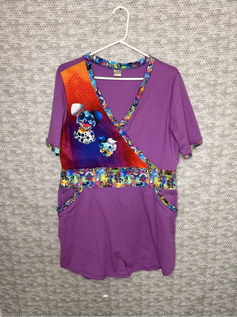 Women's Purple Short Sleeve V-Neck Top with Colorful Cartoon Trim